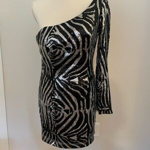 Alyce Paris One-Shoulder Black and Silver Dress